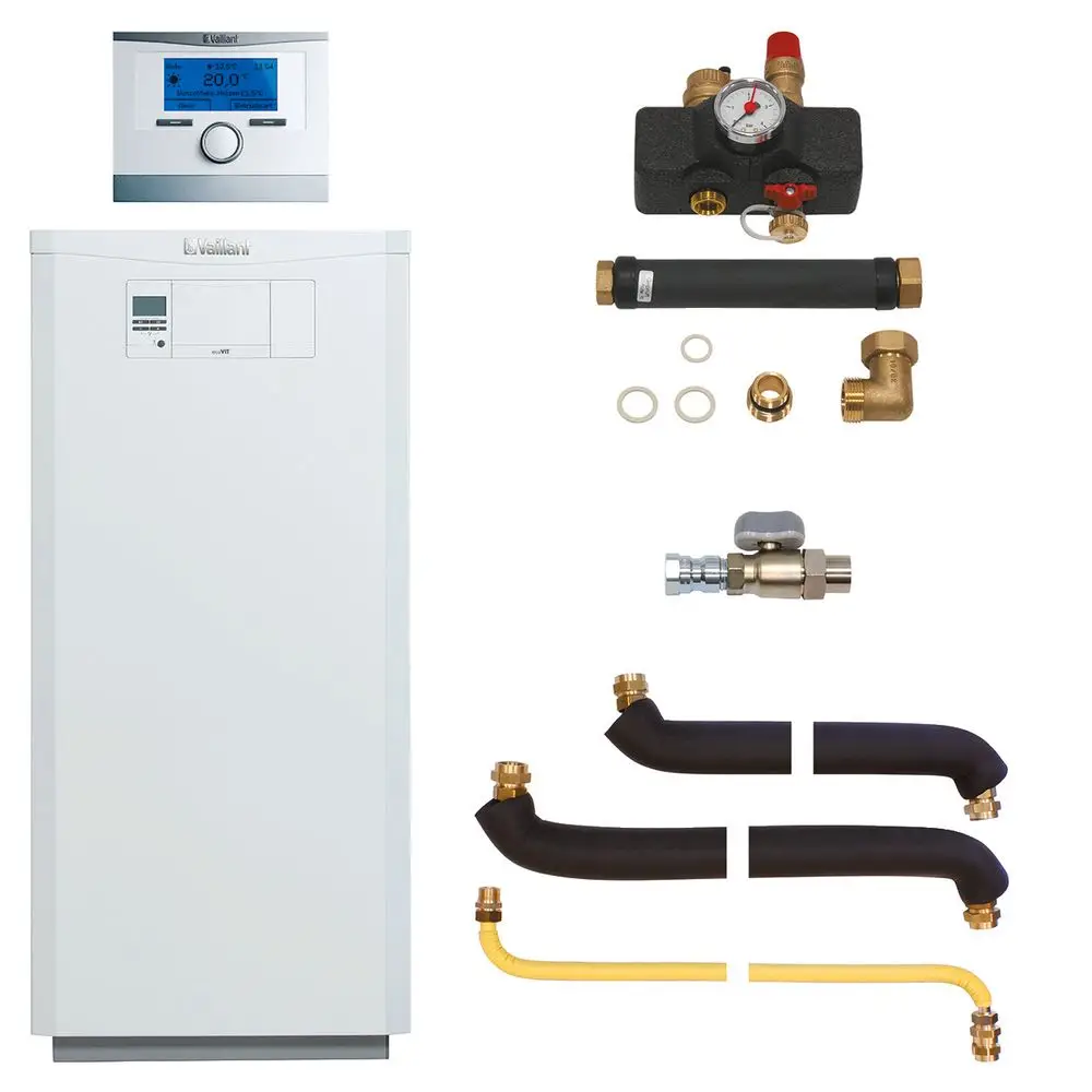Vaillant Heizgerät mit Zubehör und Steuerung. Enthält Kessel, Rohre, Ventile und Druckregler, die für die Installation einer Heizungsanlage benötigt werden.